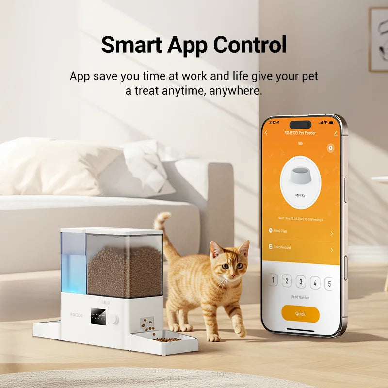 ROJECO 8.5L Distributeur Automatique pour Animaux de Compagnie avec Fontaine à Eau Contrôle à Distance par Application WIFI Intelligent pour Chiens Distributeur de Nourriture 5L Abreuvoir à Gravité 3.5L