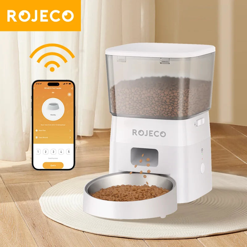 ROJECO Distributeur de Croquettes Automatique 2L pour Chat, Distributeur Intelligent WIFI pour Animaux de Compagnie, pour Croquettes Sèches, avec Télécommande et Accessoires
