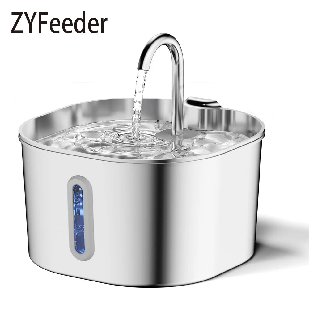 ZYFeeder 2,2 L Fontaine à eau automatique carrée en acier inoxydable pour chat, distributeur d'eau pour animaux de compagnie avec fenêtre (fiche 5 V 1 A non incluse)