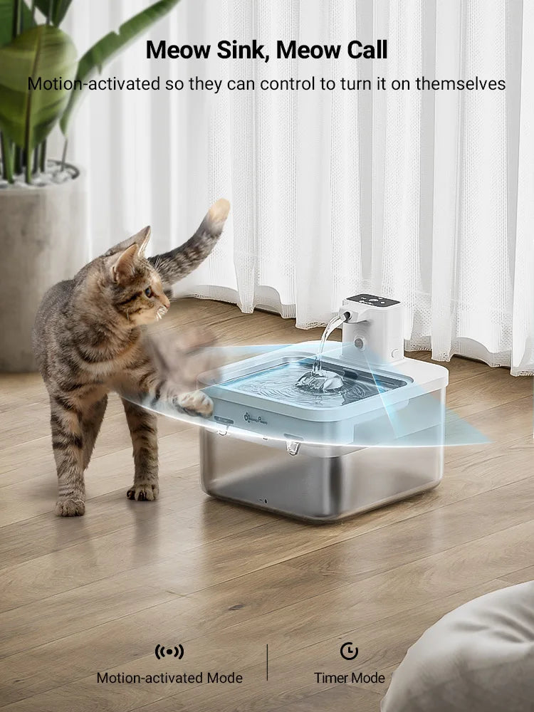 DownyPaws 2,5L Fontaine à Eau Automatique en Acier Inoxydable pour Chat 4000mAh Abreuvoir Sans Fil pour Animaux de Compagnie Batterie et Capteur Distributeur 2 en 1
