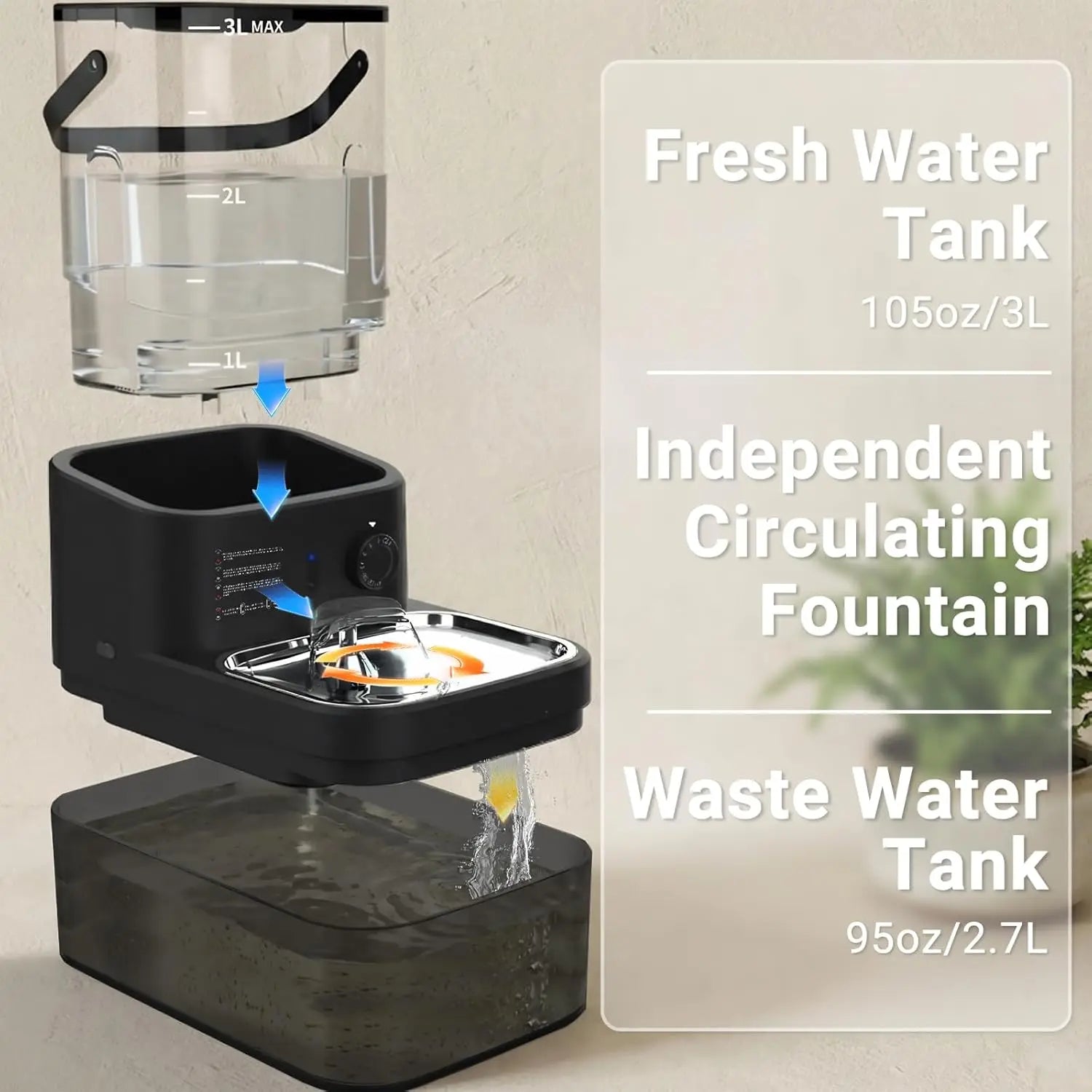 Fontaine à eau pour chat sans filtre 3L Capteur de mouvement sans fil avec batterie 4000 mAh Bols en acier inoxydable Silencieuse Noir