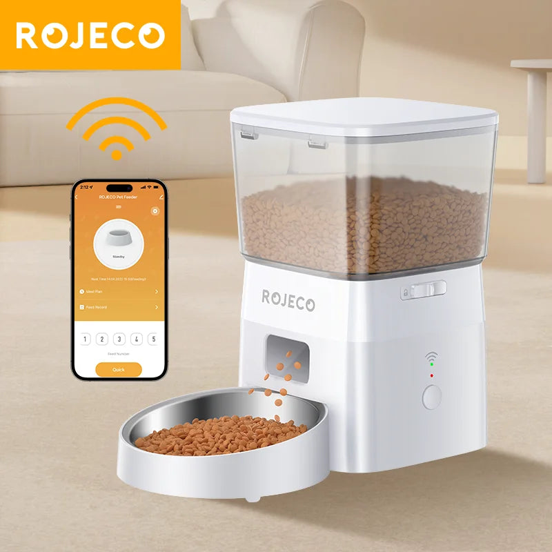 ROJECO Distributeur de nourriture automatique intelligent pour animaux de compagnie Distributeur de croquettes pour chiens avec télécommande WIFI Fournitures pour l'alimentation des chiens